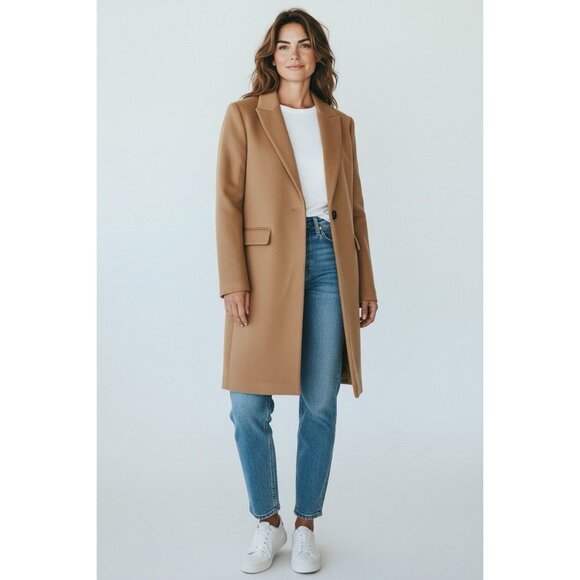 Zara Woman Camel Wool Blend Long Coat Jacket 75% Wool Tailored Size S - Picture 2 of 5